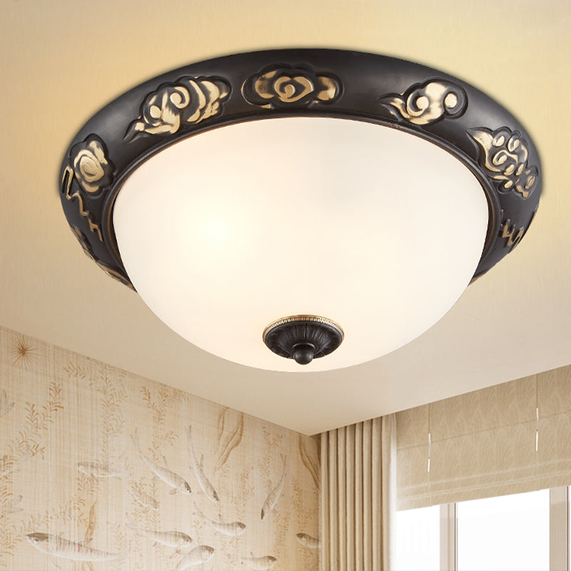 3/4-Head Cream Glass Ceiling Fixture Retro Black Dome Bedroom Flush Mount Recessed Lighting with Embossed Rose Edge 3 Black Clearhalo 'Ceiling Lights' 'Close To Ceiling Lights' 'Close to ceiling' 'Flush mount' Lighting' 1458116