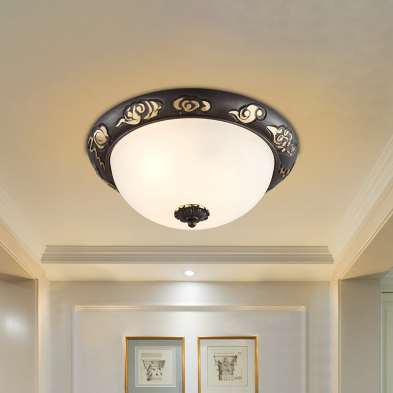 3/4-Head Cream Glass Ceiling Fixture Retro Black Dome Bedroom Flush Mount Recessed Lighting with Embossed Rose Edge Clearhalo 'Ceiling Lights' 'Close To Ceiling Lights' 'Close to ceiling' 'Flush mount' Lighting' 1458117
