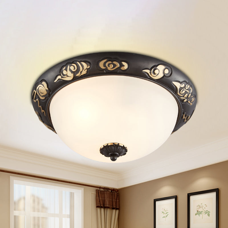 3/4-Head Cream Glass Ceiling Fixture Retro Black Dome Bedroom Flush Mount Recessed Lighting with Embossed Rose Edge Clearhalo 'Ceiling Lights' 'Close To Ceiling Lights' 'Close to ceiling' 'Flush mount' Lighting' 1458118