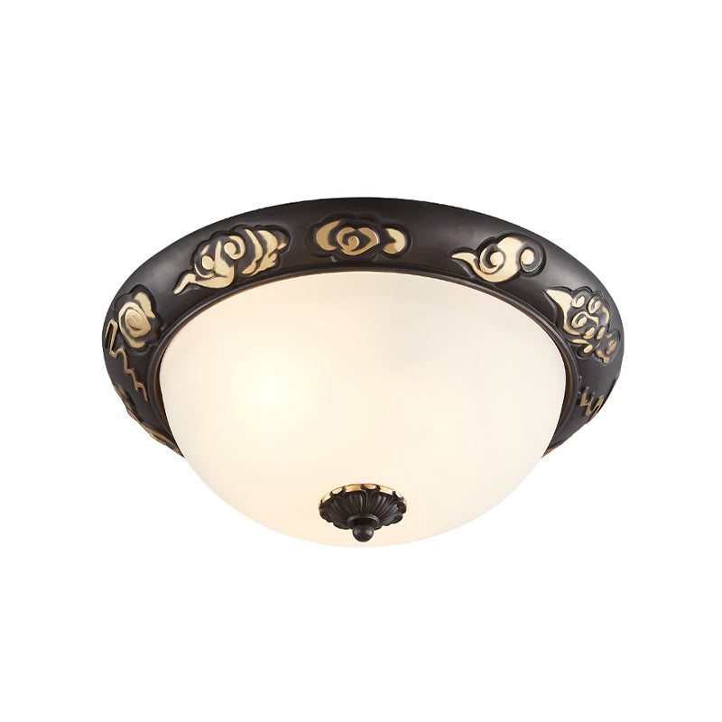 3/4-Head Cream Glass Ceiling Fixture Retro Black Dome Bedroom Flush Mount Recessed Lighting with Embossed Rose Edge Clearhalo 'Ceiling Lights' 'Close To Ceiling Lights' 'Close to ceiling' 'Flush mount' Lighting' 1458119