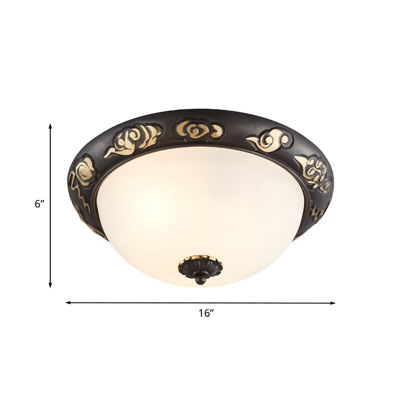 3/4-Head Cream Glass Ceiling Fixture Retro Black Dome Bedroom Flush Mount Recessed Lighting with Embossed Rose Edge Clearhalo 'Ceiling Lights' 'Close To Ceiling Lights' 'Close to ceiling' 'Flush mount' Lighting' 1458120