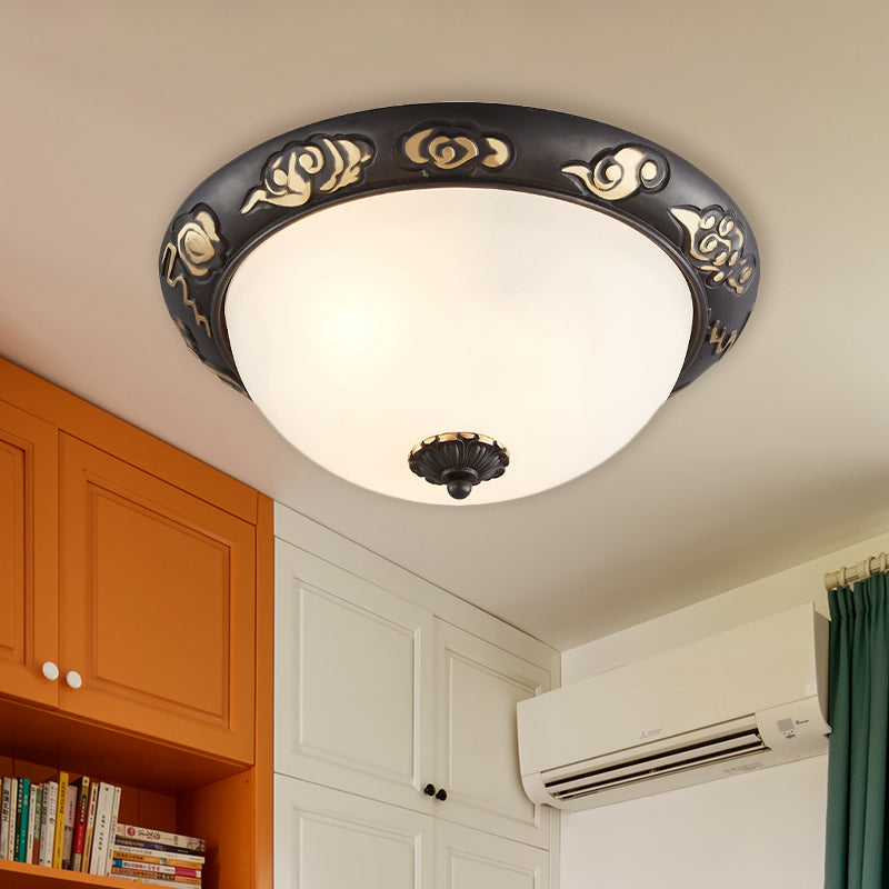 3/4-Head Cream Glass Ceiling Fixture Retro Black Dome Bedroom Flush Mount Recessed Lighting with Embossed Rose Edge 4 Black Clearhalo 'Ceiling Lights' 'Close To Ceiling Lights' 'Close to ceiling' 'Flush mount' Lighting' 1458121