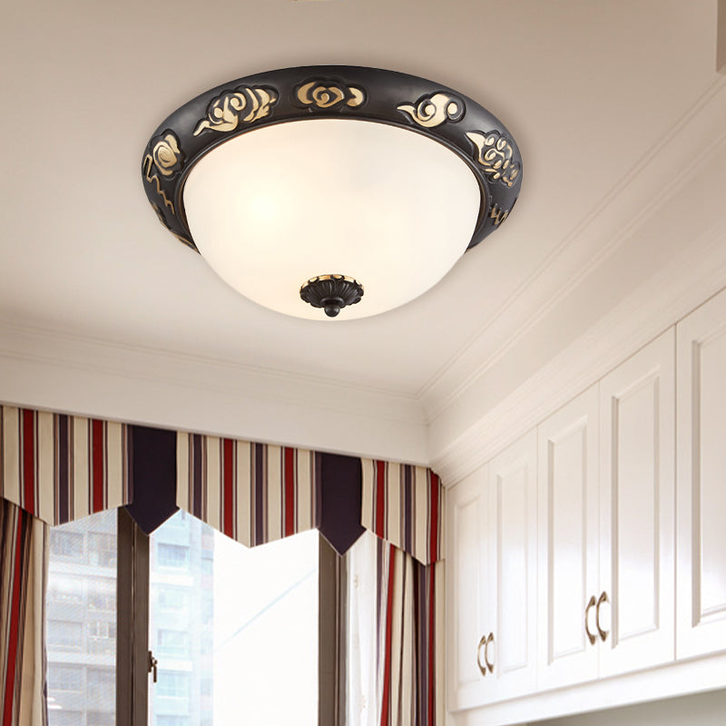 3/4-Head Cream Glass Ceiling Fixture Retro Black Dome Bedroom Flush Mount Recessed Lighting with Embossed Rose Edge Clearhalo 'Ceiling Lights' 'Close To Ceiling Lights' 'Close to ceiling' 'Flush mount' Lighting' 1458122