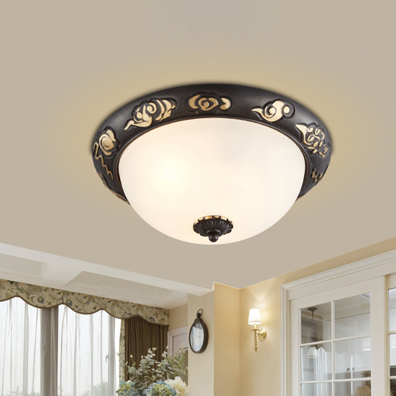 3/4-Head Cream Glass Ceiling Fixture Retro Black Dome Bedroom Flush Mount Recessed Lighting with Embossed Rose Edge Clearhalo 'Ceiling Lights' 'Close To Ceiling Lights' 'Close to ceiling' 'Flush mount' Lighting' 1458123