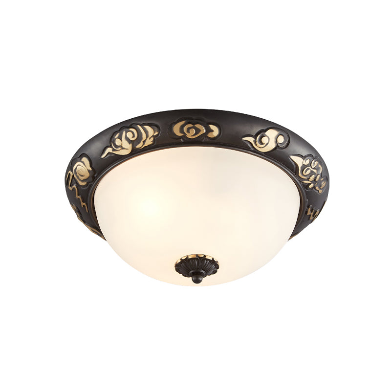 3/4-Head Cream Glass Ceiling Fixture Retro Black Dome Bedroom Flush Mount Recessed Lighting with Embossed Rose Edge Clearhalo 'Ceiling Lights' 'Close To Ceiling Lights' 'Close to ceiling' 'Flush mount' Lighting' 1458124