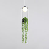 Spherical Bedroom Hanging Lamp Industrial White Glass 1-Bulb Black Plant Pendant with Oval Cage Clearhalo 'Ceiling Lights' 'Pendant Lights' 'Pendants' Lighting' 1458156