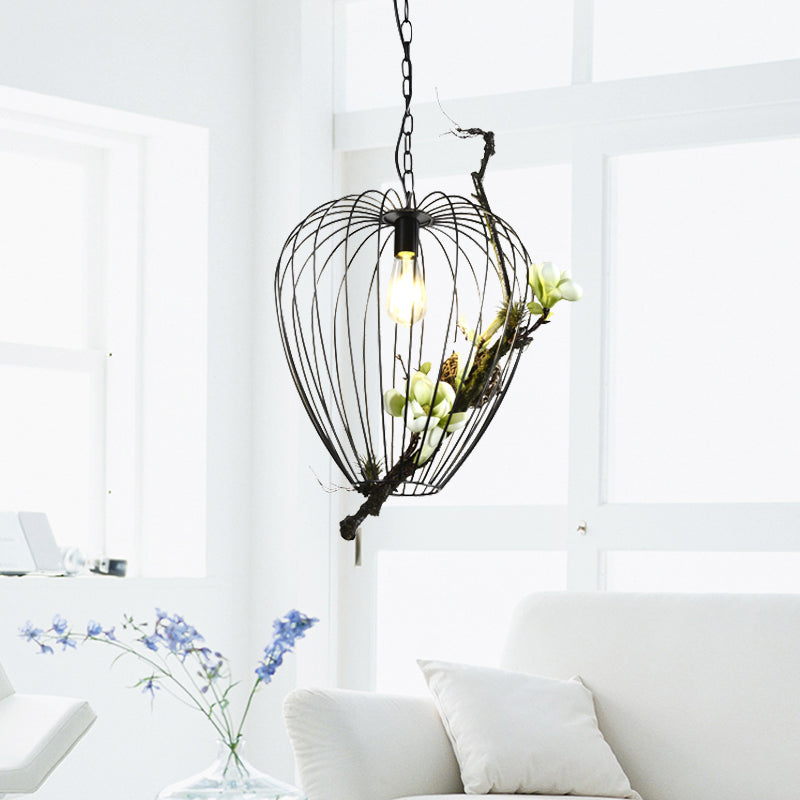 Pear Cage Iron Suspension Lamp Vintage 1 Bulb Study Room Flower Down Lighting Pendant in Black, 15"/18" W Clearhalo 'Art Deco Pendants' 'Black' 'Cast Iron' 'Ceiling Lights' 'Ceramic' 'Crystal' 'Industrial Pendants' 'Industrial' 'Metal' 'Middle Century Pendants' 'Pendant Lights' 'Pendants' 'Rustic Pendants' 'Tiffany' Lighting' 1458173
