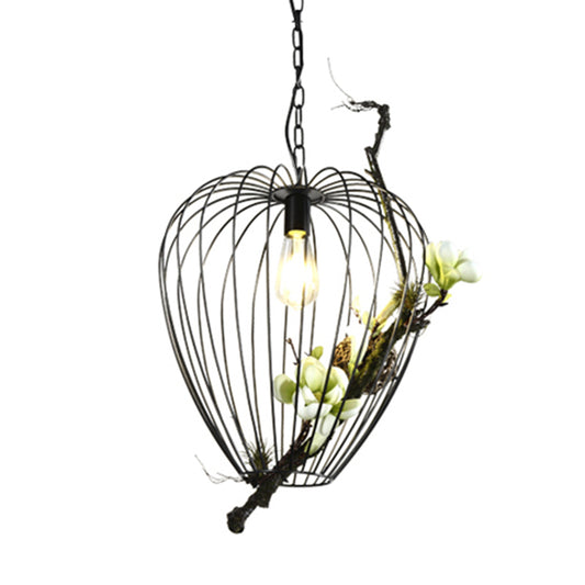 Pear Cage Iron Suspension Lamp Vintage 1 Bulb Study Room Flower Down Lighting Pendant in Black, 15"/18" W Clearhalo 'Art Deco Pendants' 'Black' 'Cast Iron' 'Ceiling Lights' 'Ceramic' 'Crystal' 'Industrial Pendants' 'Industrial' 'Metal' 'Middle Century Pendants' 'Pendant Lights' 'Pendants' 'Rustic Pendants' 'Tiffany' Lighting' 1458174