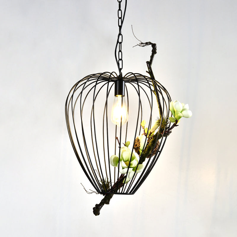 Pear Cage Iron Suspension Lamp Vintage 1 Bulb Study Room Flower Down Lighting Pendant in Black, 15"/18" W Clearhalo 'Art Deco Pendants' 'Black' 'Cast Iron' 'Ceiling Lights' 'Ceramic' 'Crystal' 'Industrial Pendants' 'Industrial' 'Metal' 'Middle Century Pendants' 'Pendant Lights' 'Pendants' 'Rustic Pendants' 'Tiffany' Lighting' 1458175