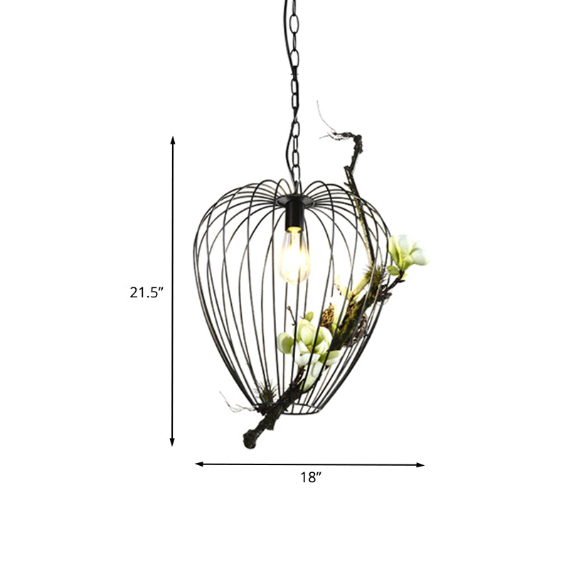 Pear Cage Iron Suspension Lamp Vintage 1 Bulb Study Room Flower Down Lighting Pendant in Black, 15"/18" W Clearhalo 'Art Deco Pendants' 'Black' 'Cast Iron' 'Ceiling Lights' 'Ceramic' 'Crystal' 'Industrial Pendants' 'Industrial' 'Metal' 'Middle Century Pendants' 'Pendant Lights' 'Pendants' 'Rustic Pendants' 'Tiffany' Lighting' 1458177