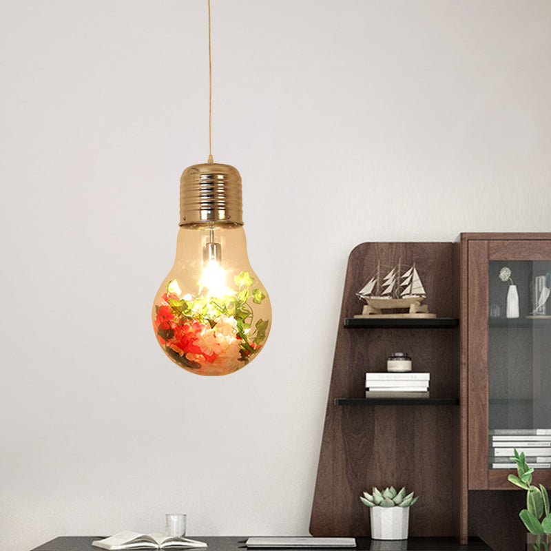 Clear Glass Bulb-Shaped Pendant Farmhouse 1 Light Restaurant Flower Ceiling Suspension Lamp, 6"/8"/11" Wide Clearhalo 'Ceiling Lights' 'Glass shade' 'Glass' 'Pendant Lights' 'Pendants' Lighting' 1458179