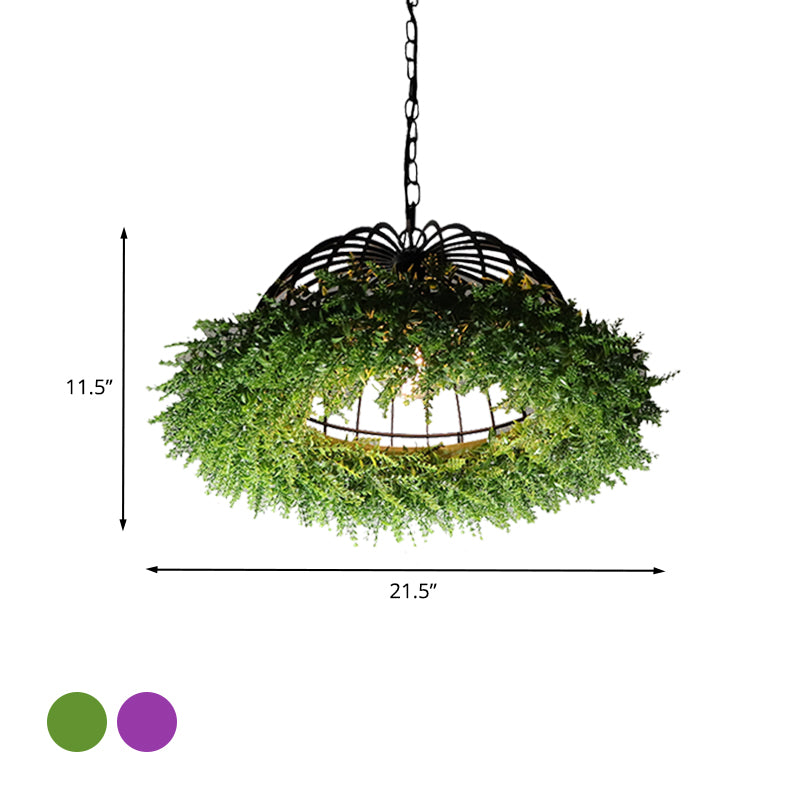 Purple/Green 1 Head Ceiling Pendant Antique Iron Bowl Cage Hanging Light Fixture with Plant Decoration Clearhalo 'Art Deco Pendants' 'Cast Iron' 'Ceiling Lights' 'Ceramic' 'Crystal' 'Industrial Pendants' 'Industrial' 'Metal' 'Middle Century Pendants' 'Pendant Lights' 'Pendants' 'Tiffany' Lighting' 1458219