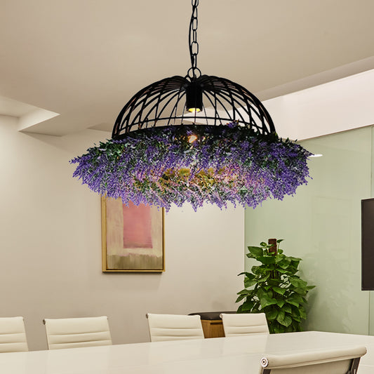 Purple/Green 1 Head Ceiling Pendant Antique Iron Bowl Cage Hanging Light Fixture with Plant Decoration Purple Clearhalo 'Art Deco Pendants' 'Cast Iron' 'Ceiling Lights' 'Ceramic' 'Crystal' 'Industrial Pendants' 'Industrial' 'Metal' 'Middle Century Pendants' 'Pendant Lights' 'Pendants' 'Tiffany' Lighting' 1458220