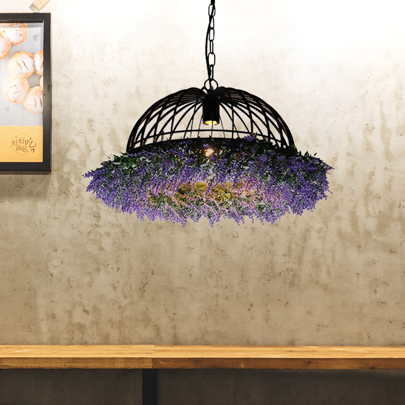 Purple/Green 1 Head Ceiling Pendant Antique Iron Bowl Cage Hanging Light Fixture with Plant Decoration Clearhalo 'Art Deco Pendants' 'Cast Iron' 'Ceiling Lights' 'Ceramic' 'Crystal' 'Industrial Pendants' 'Industrial' 'Metal' 'Middle Century Pendants' 'Pendant Lights' 'Pendants' 'Tiffany' Lighting' 1458221