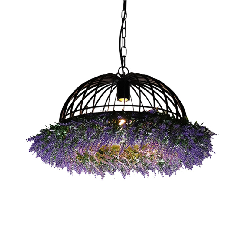 Purple/Green 1 Head Ceiling Pendant Antique Iron Bowl Cage Hanging Light Fixture with Plant Decoration Clearhalo 'Art Deco Pendants' 'Cast Iron' 'Ceiling Lights' 'Ceramic' 'Crystal' 'Industrial Pendants' 'Industrial' 'Metal' 'Middle Century Pendants' 'Pendant Lights' 'Pendants' 'Tiffany' Lighting' 1458222