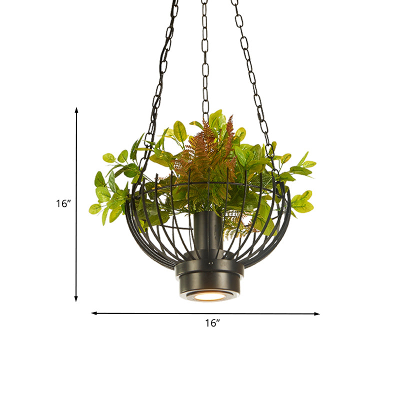 Bowl Cage Iron Pendant Lamp Farmhouse 1 Head Restaurant Hanging Light Fixture in Black with Plant Clearhalo 'Art Deco Pendants' 'Black' 'Cast Iron' 'Ceiling Lights' 'Ceramic' 'Crystal' 'Industrial Pendants' 'Industrial' 'Metal' 'Middle Century Pendants' 'Pendant Lights' 'Pendants' 'Rustic Pendants' 'Tiffany' Lighting' 1458232