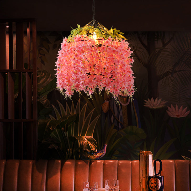 Pink 1 Head Ceiling Lamp Farm Style Iron Bird Cage Pendant Lighting Fixture with Flower for Restaurant Clearhalo 'Art Deco Pendants' 'Cast Iron' 'Ceiling Lights' 'Ceramic' 'Crystal' 'Industrial Pendants' 'Industrial' 'Metal' 'Middle Century Pendants' 'Pendant Lights' 'Pendants' 'Tiffany' Lighting' 1458244