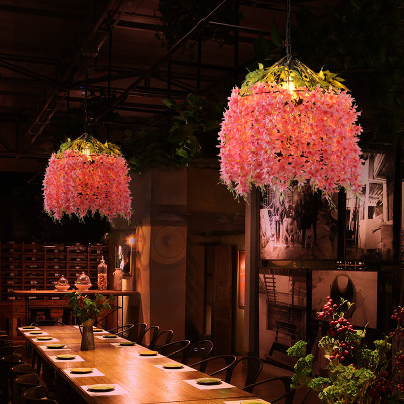 Pink 1 Head Ceiling Lamp Farm Style Iron Bird Cage Pendant Lighting Fixture with Flower for Restaurant Clearhalo 'Art Deco Pendants' 'Cast Iron' 'Ceiling Lights' 'Ceramic' 'Crystal' 'Industrial Pendants' 'Industrial' 'Metal' 'Middle Century Pendants' 'Pendant Lights' 'Pendants' 'Tiffany' Lighting' 1458245