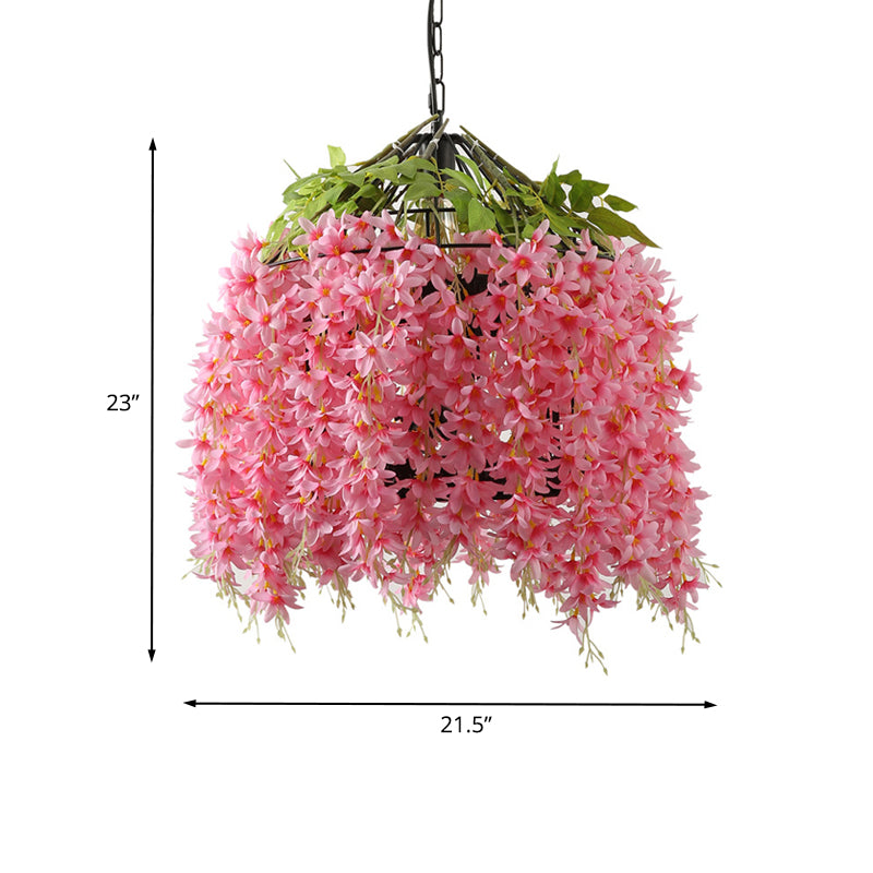 Pink 1 Head Ceiling Lamp Farm Style Iron Bird Cage Pendant Lighting Fixture with Flower for Restaurant Clearhalo 'Art Deco Pendants' 'Cast Iron' 'Ceiling Lights' 'Ceramic' 'Crystal' 'Industrial Pendants' 'Industrial' 'Metal' 'Middle Century Pendants' 'Pendant Lights' 'Pendants' 'Tiffany' Lighting' 1458247
