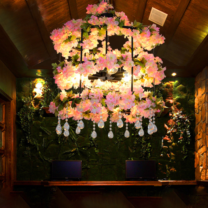 6 Bulbs Iron Chandelier Lighting Antique Black Cylindrical Cage Flower Suspension Light with Crystal Drop, 27.5"/39" H Black Clearhalo 'Cast Iron' 'Ceiling Lights' 'Chandeliers' 'Industrial Chandeliers' 'Industrial' 'Metal' 'Middle Century Chandeliers' 'Rustic Chandeliers' 'Tiffany' Lighting' 1458248