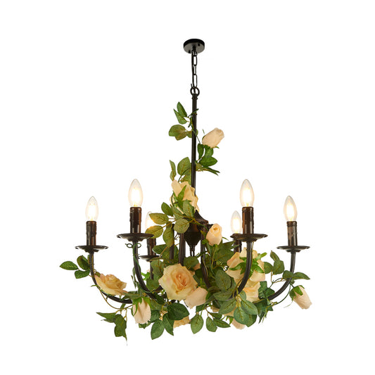 Factory Candlestick Chandelier Lamp 6 Heads Iron Pendant Light Fixture in Black with Rose Decor Clearhalo 'Cast Iron' 'Ceiling Lights' 'Chandeliers' 'Industrial Chandeliers' 'Industrial' 'Metal' 'Middle Century Chandeliers' 'Rustic Chandeliers' 'Tiffany' Lighting' 1458257