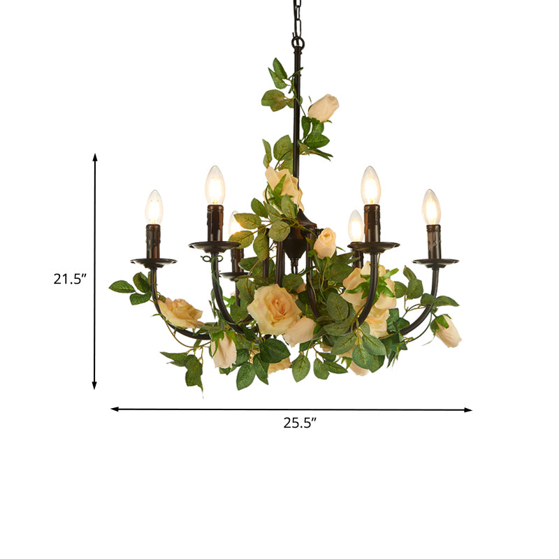 Factory Candlestick Chandelier Lamp 6 Heads Iron Pendant Light Fixture in Black with Rose Decor Clearhalo 'Cast Iron' 'Ceiling Lights' 'Chandeliers' 'Industrial Chandeliers' 'Industrial' 'Metal' 'Middle Century Chandeliers' 'Rustic Chandeliers' 'Tiffany' Lighting' 1458258