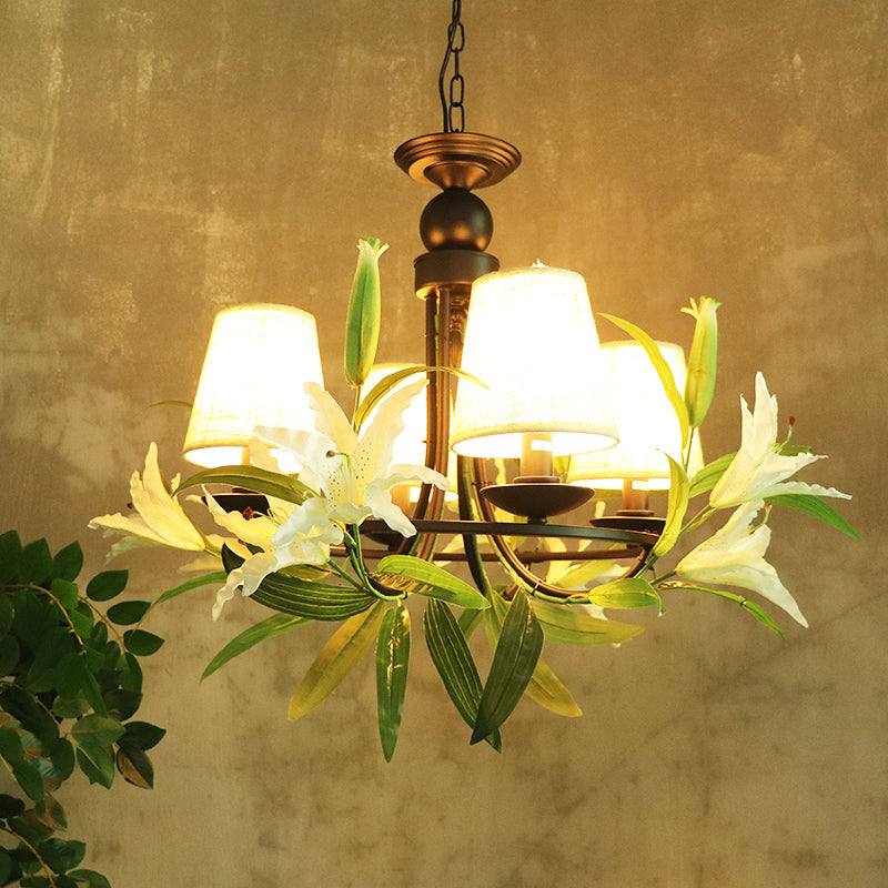 4 Bulbs Conical Chandelier Light Farmhouse Black Fabric Hanging Lamp with Lily Decoration Black Clearhalo 'Cast Iron' 'Ceiling Lights' 'Chandeliers' 'Industrial Chandeliers' 'Industrial' 'Metal' 'Middle Century Chandeliers' 'Rustic Chandeliers' 'Tiffany' Lighting' 1458259