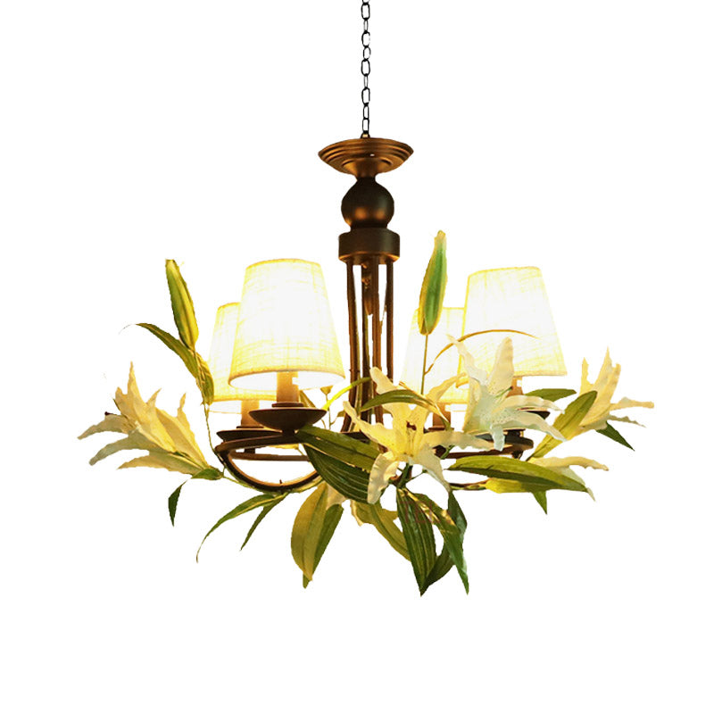 4 Bulbs Conical Chandelier Light Farmhouse Black Fabric Hanging Lamp with Lily Decoration Clearhalo 'Cast Iron' 'Ceiling Lights' 'Chandeliers' 'Industrial Chandeliers' 'Industrial' 'Metal' 'Middle Century Chandeliers' 'Rustic Chandeliers' 'Tiffany' Lighting' 1458261