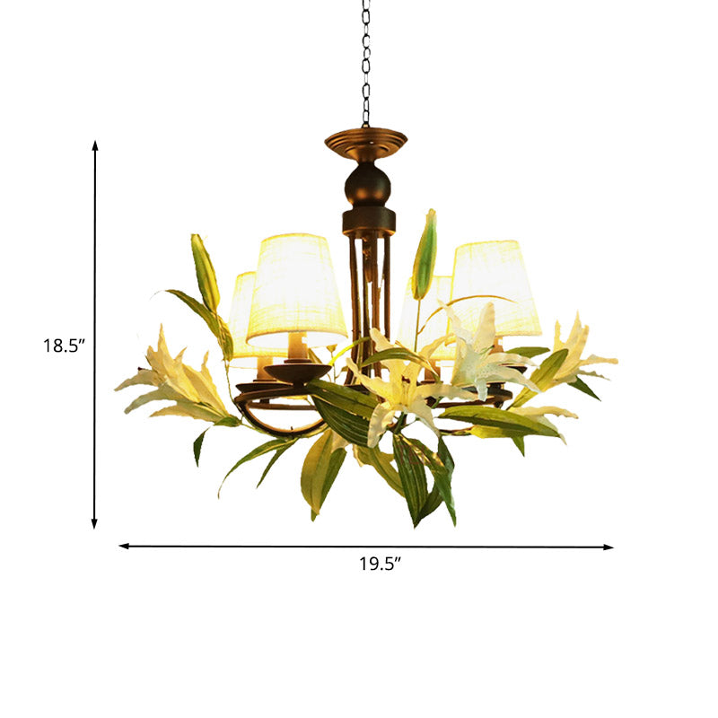 4 Bulbs Conical Chandelier Light Farmhouse Black Fabric Hanging Lamp with Lily Decoration Clearhalo 'Cast Iron' 'Ceiling Lights' 'Chandeliers' 'Industrial Chandeliers' 'Industrial' 'Metal' 'Middle Century Chandeliers' 'Rustic Chandeliers' 'Tiffany' Lighting' 1458263