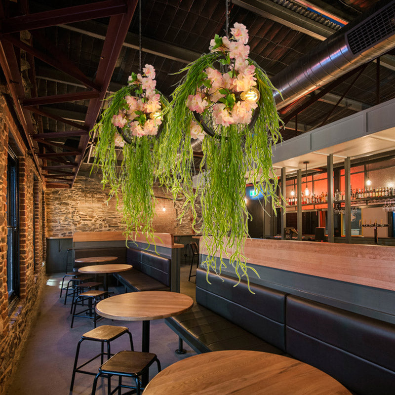 2-Bulb Wheel Ceiling Chandelier Farmhouse Black Iron Hanging Pendant Light with Rose Decor, 15"/18"/23.5" Wide Clearhalo 'Cast Iron' 'Ceiling Lights' 'Chandeliers' 'Industrial Chandeliers' 'Industrial' 'Metal' 'Middle Century Chandeliers' 'Rustic Chandeliers' 'Tiffany' Lighting' 1458275