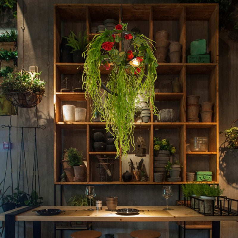 2-Bulb Wheel Ceiling Chandelier Farmhouse Black Iron Hanging Pendant Light with Rose Decor, 15"/18"/23.5" Wide Black 18" Clearhalo 'Cast Iron' 'Ceiling Lights' 'Chandeliers' 'Industrial Chandeliers' 'Industrial' 'Metal' 'Middle Century Chandeliers' 'Rustic Chandeliers' 'Tiffany' Lighting' 1458279