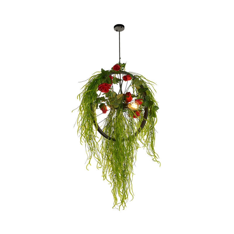 2-Bulb Wheel Ceiling Chandelier Farmhouse Black Iron Hanging Pendant Light with Rose Decor, 15"/18"/23.5" Wide Clearhalo 'Cast Iron' 'Ceiling Lights' 'Chandeliers' 'Industrial Chandeliers' 'Industrial' 'Metal' 'Middle Century Chandeliers' 'Rustic Chandeliers' 'Tiffany' Lighting' 1458281