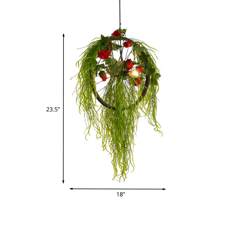 2-Bulb Wheel Ceiling Chandelier Farmhouse Black Iron Hanging Pendant Light with Rose Decor, 15"/18"/23.5" Wide Clearhalo 'Cast Iron' 'Ceiling Lights' 'Chandeliers' 'Industrial Chandeliers' 'Industrial' 'Metal' 'Middle Century Chandeliers' 'Rustic Chandeliers' 'Tiffany' Lighting' 1458282