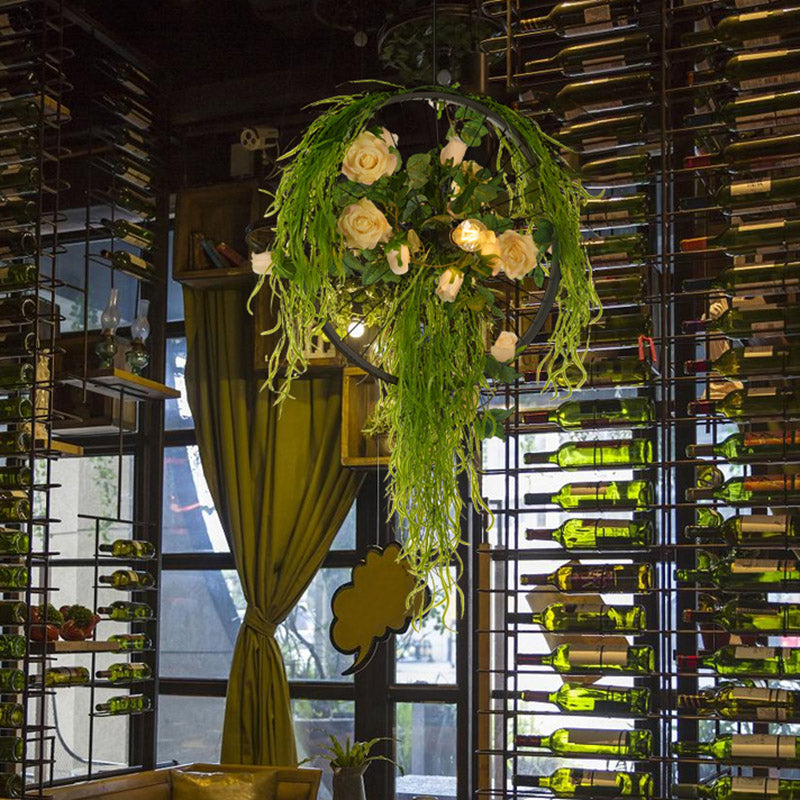 2-Bulb Wheel Ceiling Chandelier Farmhouse Black Iron Hanging Pendant Light with Rose Decor, 15"/18"/23.5" Wide Black 23.5" Clearhalo 'Cast Iron' 'Ceiling Lights' 'Chandeliers' 'Industrial Chandeliers' 'Industrial' 'Metal' 'Middle Century Chandeliers' 'Rustic Chandeliers' 'Tiffany' Lighting' 1458283