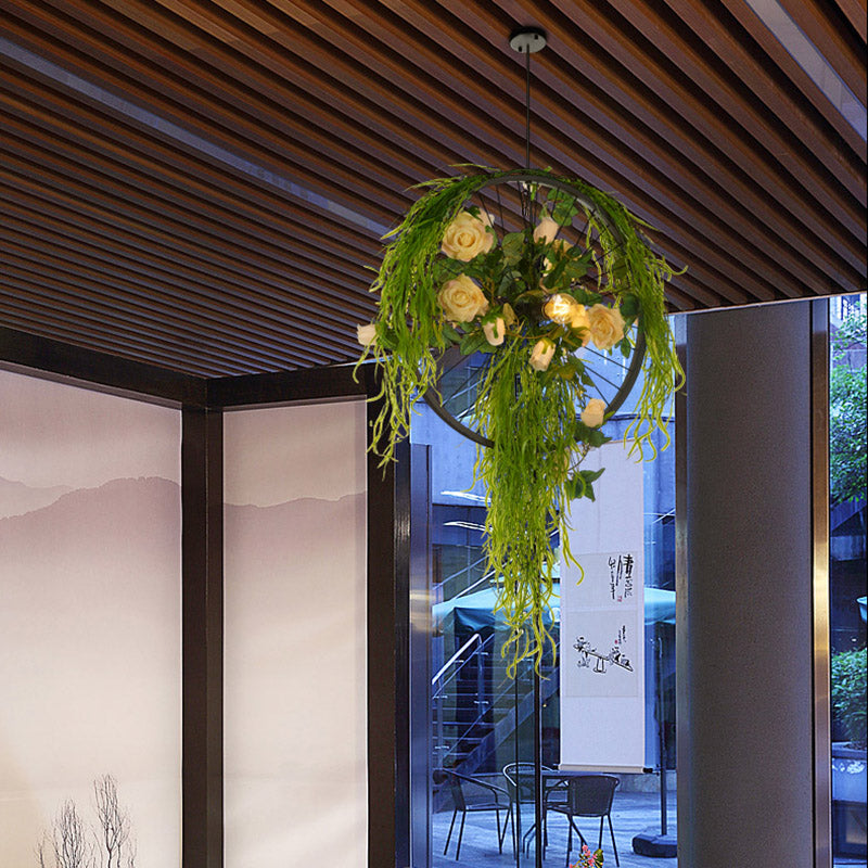 2-Bulb Wheel Ceiling Chandelier Farmhouse Black Iron Hanging Pendant Light with Rose Decor, 15"/18"/23.5" Wide Clearhalo 'Cast Iron' 'Ceiling Lights' 'Chandeliers' 'Industrial Chandeliers' 'Industrial' 'Metal' 'Middle Century Chandeliers' 'Rustic Chandeliers' 'Tiffany' Lighting' 1458284