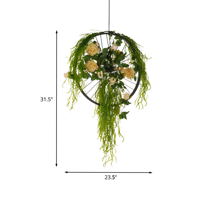 2-Bulb Wheel Ceiling Chandelier Farmhouse Black Iron Hanging Pendant Light with Rose Decor, 15"/18"/23.5" Wide Clearhalo 'Cast Iron' 'Ceiling Lights' 'Chandeliers' 'Industrial Chandeliers' 'Industrial' 'Metal' 'Middle Century Chandeliers' 'Rustic Chandeliers' 'Tiffany' Lighting' 1458286