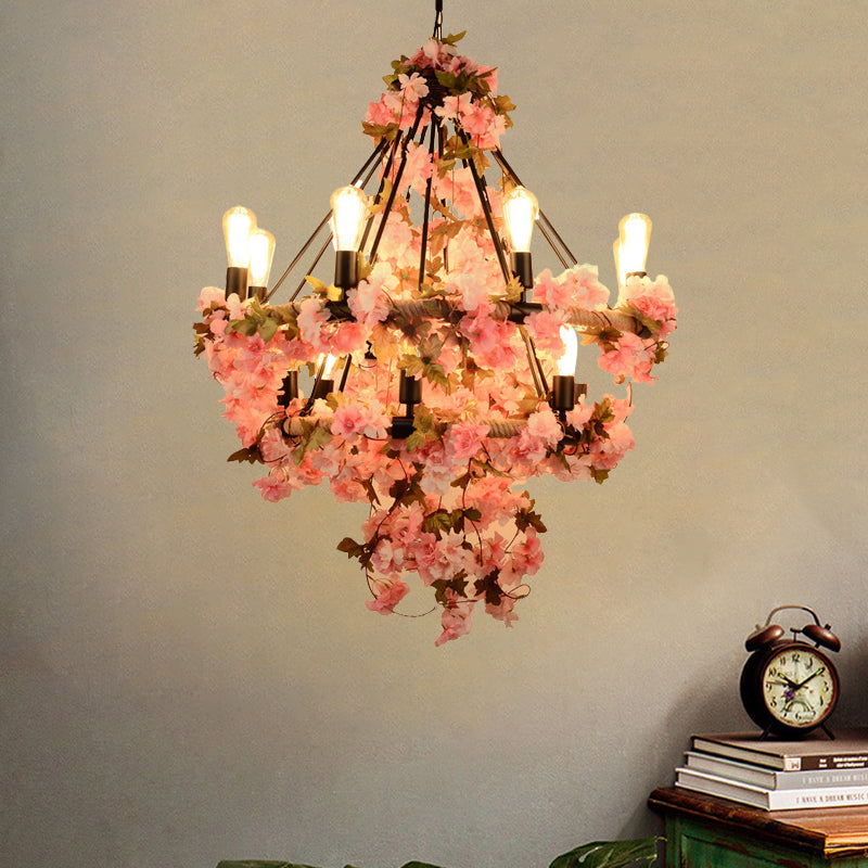 14-Bulb Chandelier Light Fixture Warehouse Bare Bulb Suspension Lamp in Black with Pink Flower and Rope Black Clearhalo 'Cast Iron' 'Ceiling Lights' 'Chandeliers' 'Industrial Chandeliers' 'Industrial' 'Metal' 'Middle Century Chandeliers' 'Rustic Chandeliers' 'Tiffany' Lighting' 1458297