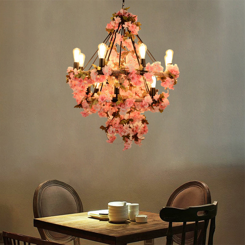 14-Bulb Chandelier Light Fixture Warehouse Bare Bulb Suspension Lamp in Black with Pink Flower and Rope Clearhalo 'Cast Iron' 'Ceiling Lights' 'Chandeliers' 'Industrial Chandeliers' 'Industrial' 'Metal' 'Middle Century Chandeliers' 'Rustic Chandeliers' 'Tiffany' Lighting' 1458298