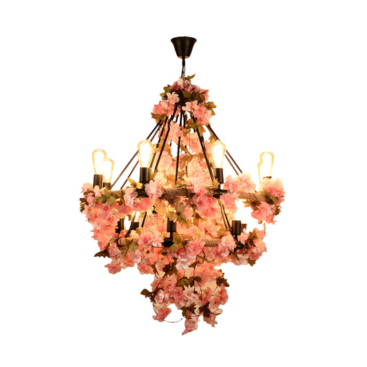 14-Bulb Chandelier Light Fixture Warehouse Bare Bulb Suspension Lamp in Black with Pink Flower and Rope Clearhalo 'Cast Iron' 'Ceiling Lights' 'Chandeliers' 'Industrial Chandeliers' 'Industrial' 'Metal' 'Middle Century Chandeliers' 'Rustic Chandeliers' 'Tiffany' Lighting' 1458299