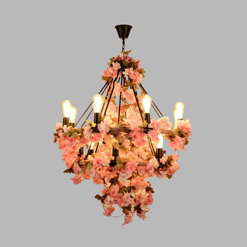 14-Bulb Chandelier Light Fixture Warehouse Bare Bulb Suspension Lamp in Black with Pink Flower and Rope Clearhalo 'Cast Iron' 'Ceiling Lights' 'Chandeliers' 'Industrial Chandeliers' 'Industrial' 'Metal' 'Middle Century Chandeliers' 'Rustic Chandeliers' 'Tiffany' Lighting' 1458300