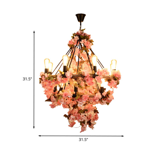 14-Bulb Chandelier Light Fixture Warehouse Bare Bulb Suspension Lamp in Black with Pink Flower and Rope Clearhalo 'Cast Iron' 'Ceiling Lights' 'Chandeliers' 'Industrial Chandeliers' 'Industrial' 'Metal' 'Middle Century Chandeliers' 'Rustic Chandeliers' 'Tiffany' Lighting' 1458301