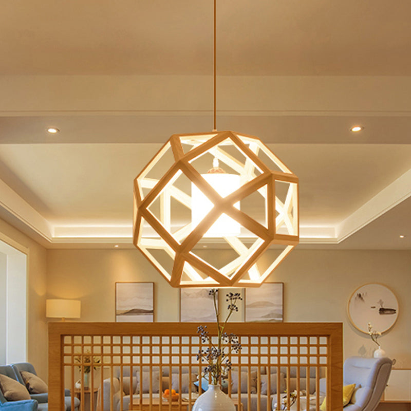 Asia Wood Globe Cage Pendant Lamp Single Bulb Hanging Light in Beige with Fabric Shade Inside Wood Clearhalo 'Ceiling Lights' 'Modern Pendants' 'Modern' 'Pendant Lights' 'Pendants' Lighting' 1458302