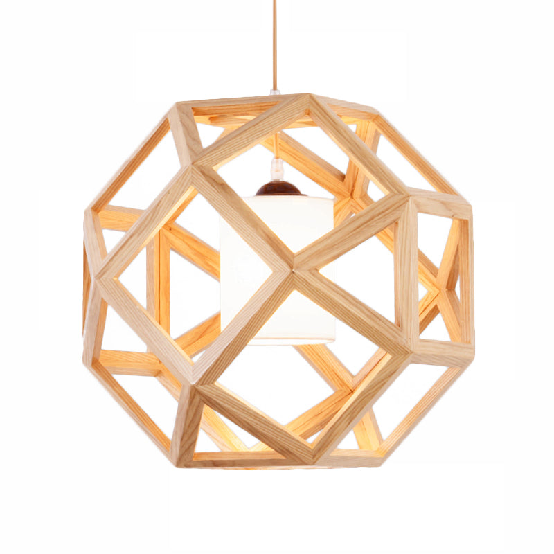 Asia Wood Globe Cage Pendant Lamp Single Bulb Hanging Light in Beige with Fabric Shade Inside Clearhalo 'Ceiling Lights' 'Modern Pendants' 'Modern' 'Pendant Lights' 'Pendants' Lighting' 1458304