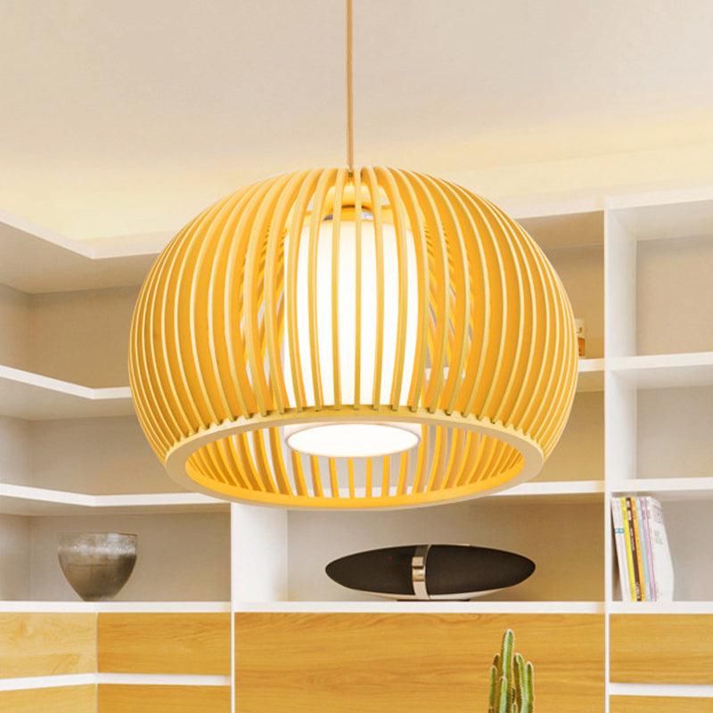 1 Head Open Kitchen Suspension Light Asia Beige Pendant Lamp with Dome Wood Cage, 14/18 Inch Wide Clearhalo 'Ceiling Lights' 'Pendant Lights' 'Pendants' Lighting' 1458368