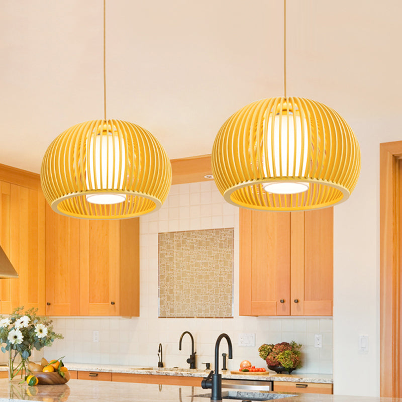 1 Head Open Kitchen Suspension Light Asia Beige Pendant Lamp with Dome Wood Cage, 14/18 Inch Wide Clearhalo 'Ceiling Lights' 'Pendant Lights' 'Pendants' Lighting' 1458369
