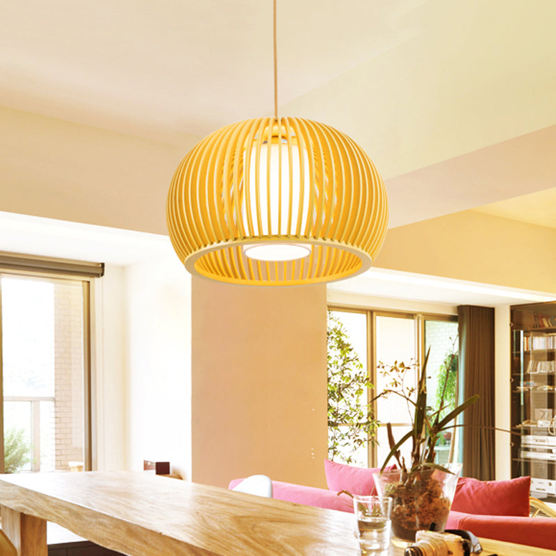1 Head Open Kitchen Suspension Light Asia Beige Pendant Lamp with Dome Wood Cage, 14/18 Inch Wide Clearhalo 'Ceiling Lights' 'Pendant Lights' 'Pendants' Lighting' 1458370