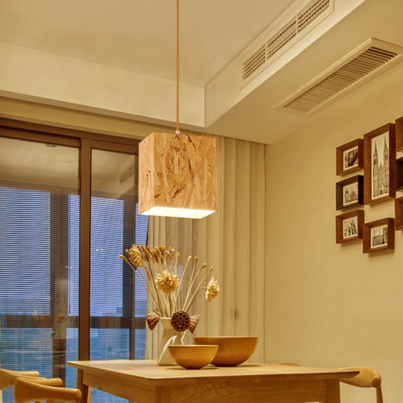 Cube Stranded Wood Ceiling Light Simple 1 Bulb Beige Hanging Light Fixture over Dinette Clearhalo 'Ceiling Lights' 'Modern Pendants' 'Modern' 'Pendant Lights' 'Pendants' Lighting' 1458391
