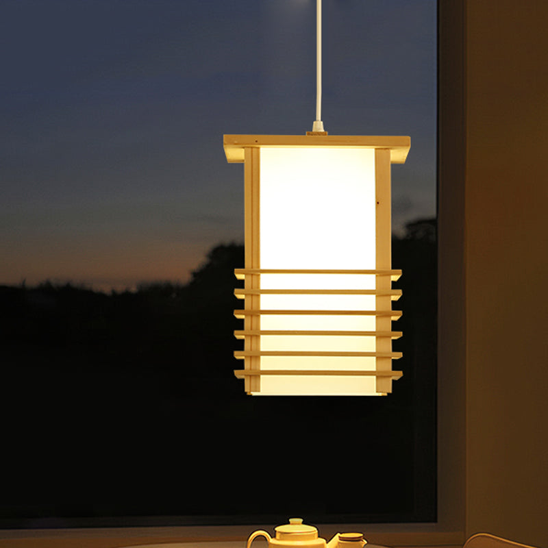 Pinewood Ceiling Hanging Lantern Japanese Style 1 Head Beige Pendant Light with Cage Guard for Restaurant Clearhalo 'Ceiling Lights' 'Pendant Lights' 'Pendants' Lighting' 1458400