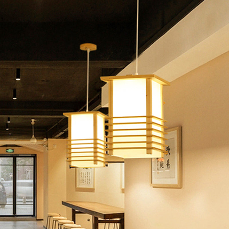 Pinewood Ceiling Hanging Lantern Japanese Style 1 Head Beige Pendant Light with Cage Guard for Restaurant Clearhalo 'Ceiling Lights' 'Pendant Lights' 'Pendants' Lighting' 1458401