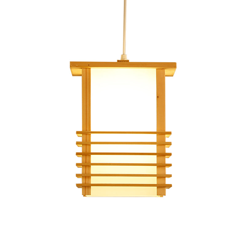Pinewood Ceiling Hanging Lantern Japanese Style 1 Head Beige Pendant Light with Cage Guard for Restaurant Clearhalo 'Ceiling Lights' 'Pendant Lights' 'Pendants' Lighting' 1458403